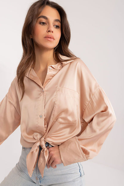 Elegant women's satin long sleeve shirt with collar and pocket by Fancy, showcasing a luxurious sheen perfect for formal occasions.