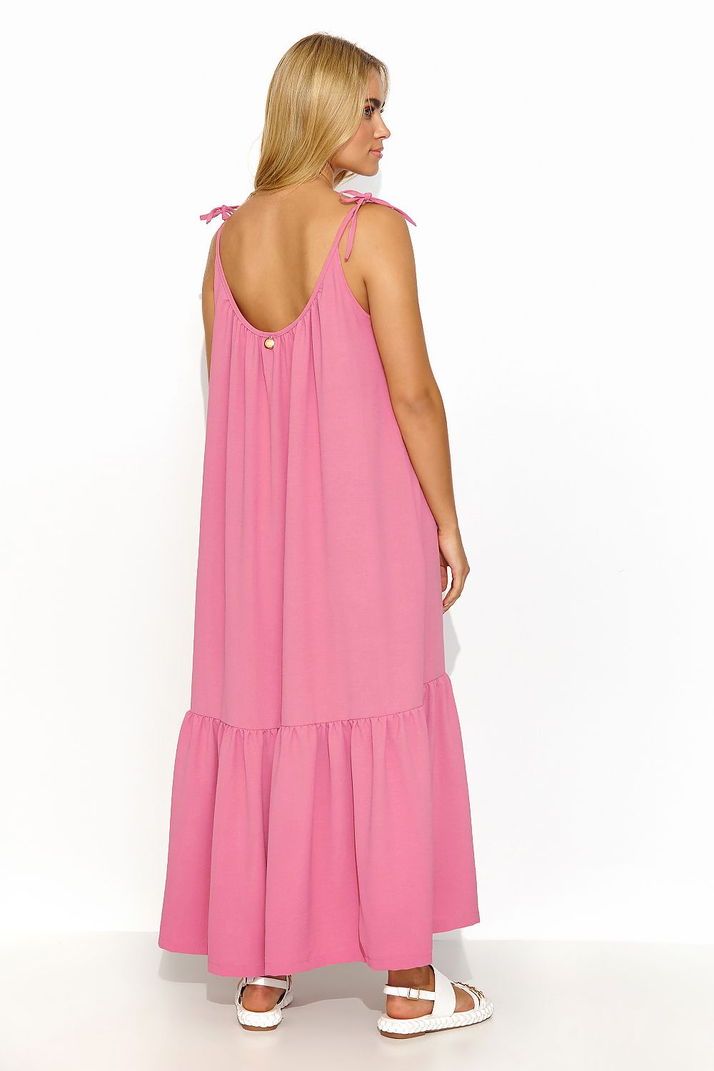 Elegant back view of the Timeless Summer Daydress by Makadamia showcasing the ornamental gold plate detail.