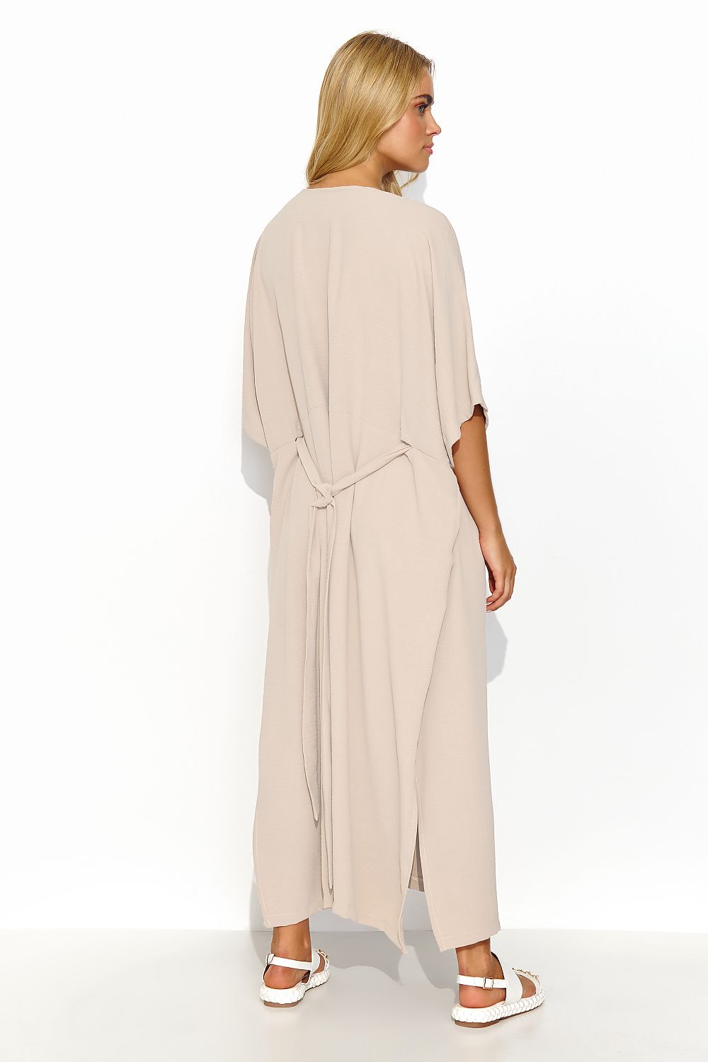 Elegant oversized long dress by Makadamia featuring a deep V-neckline and back tie, crafted from lightweight polyester for summer sophistication.