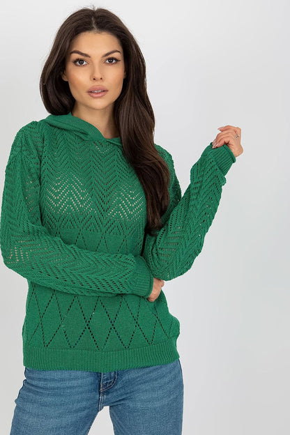 Elegant lightweight openwork summer sweater with hood by Badu, showcasing a casual cotton blend design ideal for warm days and versatile outfits.