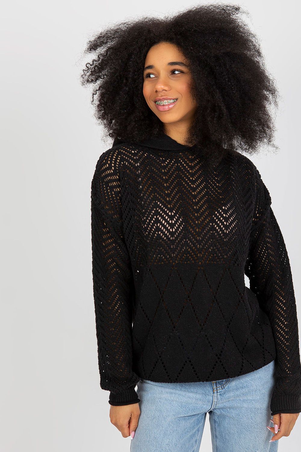 Sophisticated Badu lightweight jumper presenting a unique openwork texture, designed for style and comfort during casual summer gatherings.