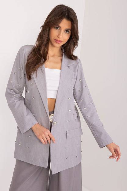 Elegant Women's Single-Breasted Blazer with Cubic Zirconia Appliqués by Italy Moda, showcasing a luxurious design with a classic button closure, lined lapels, and a feminine silhouette, perfect for sophisticated occasions.