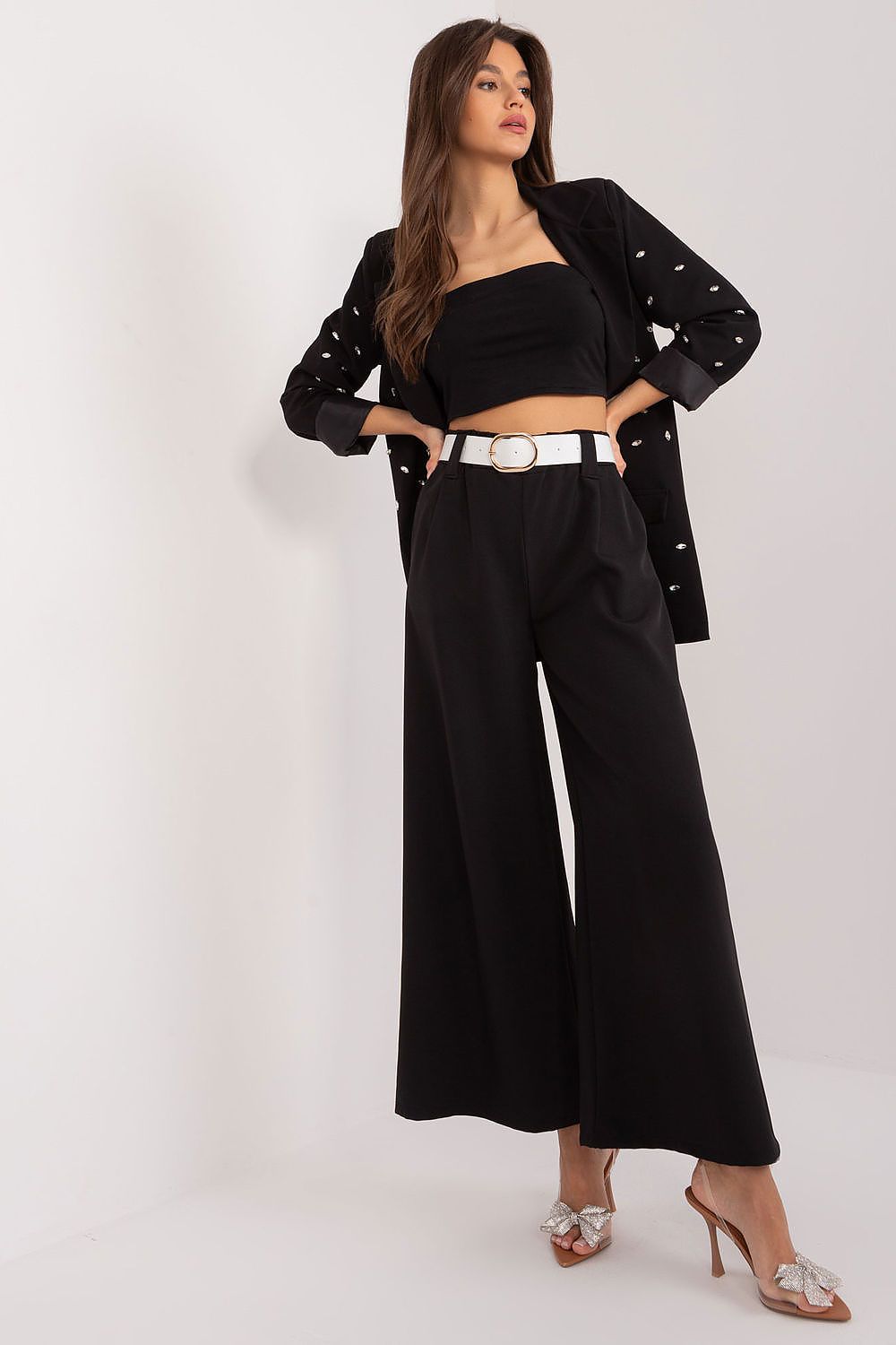 Women's elegant high waist palazzo trousers by Italy Moda, featuring wide legs and side pockets for a versatile and luxurious look.
