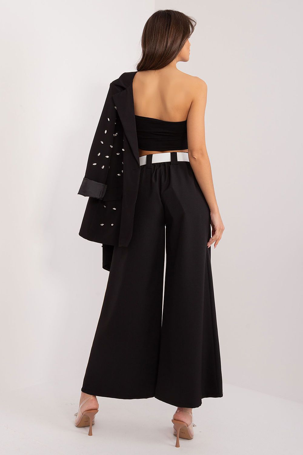 Italy Moda women's palazzo trousers showcasing a sophisticated design with an elastic waistband and buckle belt detail, perfect for formal and casual occasions.