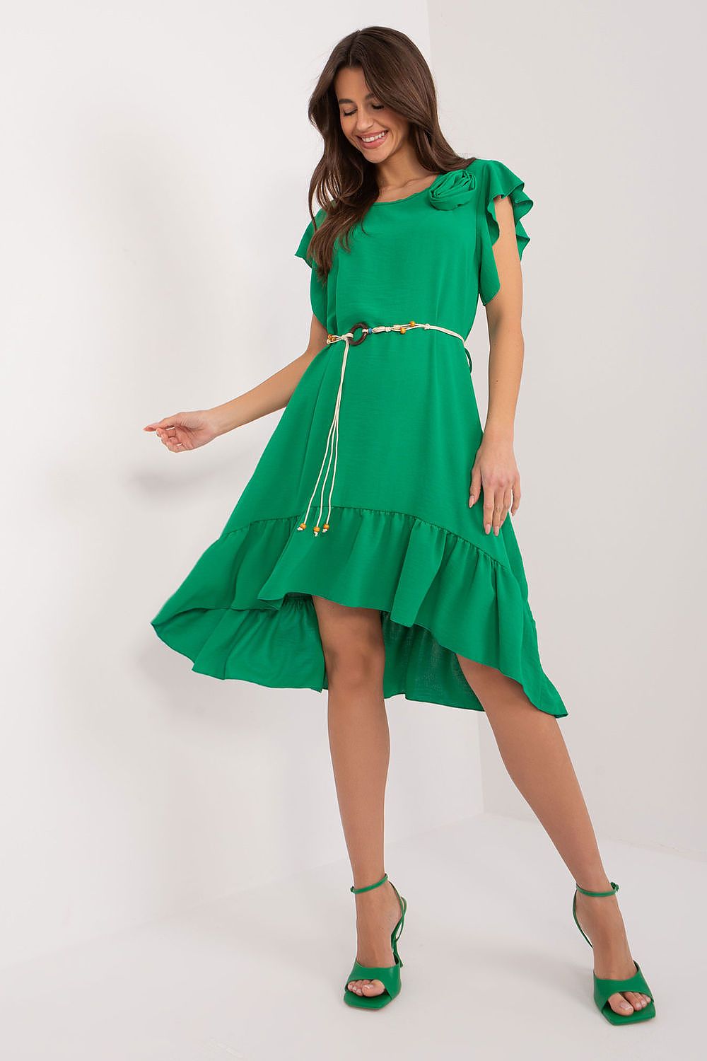Elegant Asymmetrical Daydress by Italy Moda showcasing a flared cut and delicate ruffle sleeves, perfect for summer occasions.