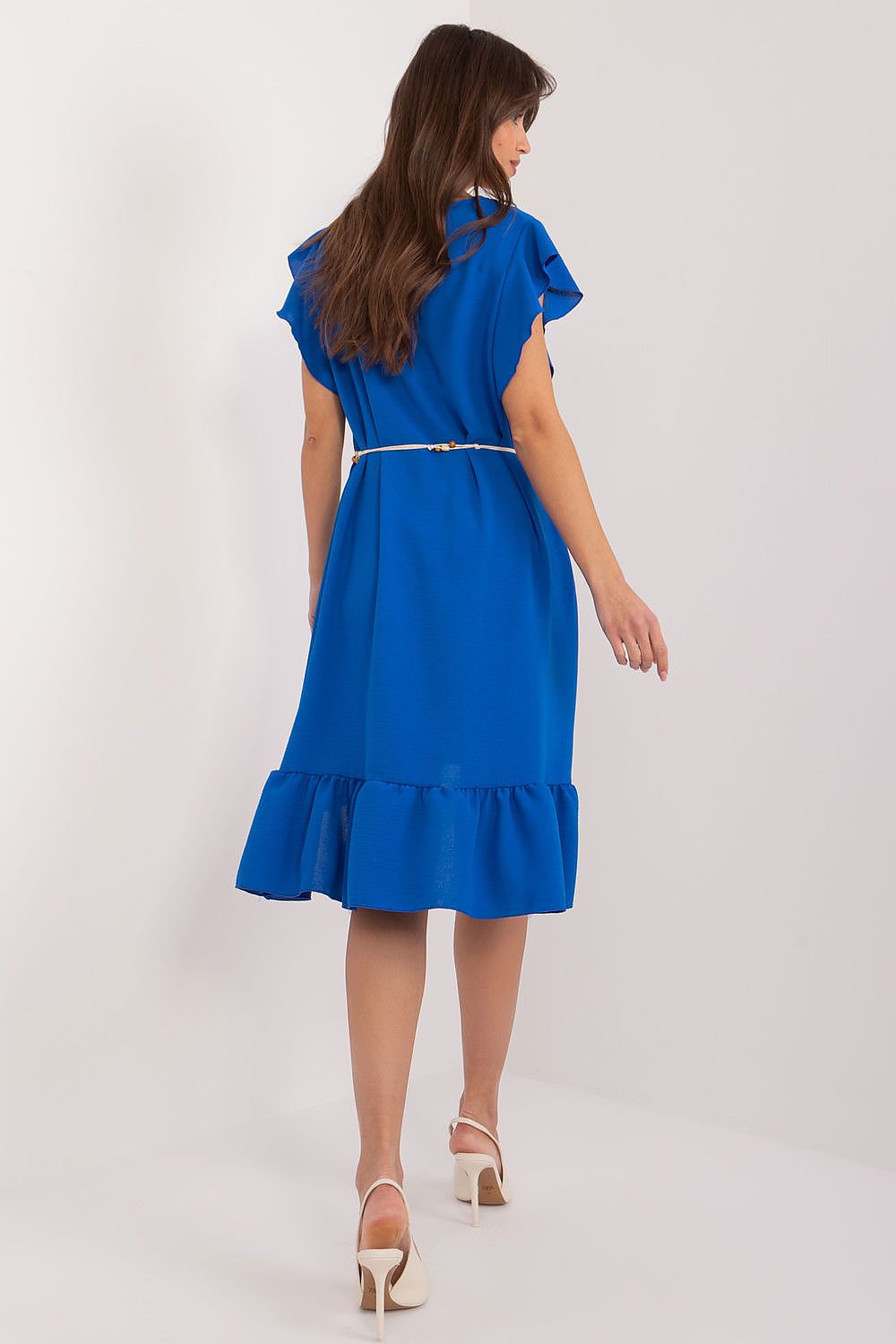 Elegant asymmetrical daydress by Italy Moda featuring a flared cut and delicate ruffle sleeves, perfect for summer elegance.