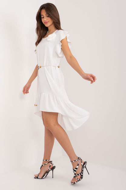 Sophisticated Italy Moda asymmetrical daydress designed with gracefully flowing ruffle sleeves, ideal for warm weather outings.