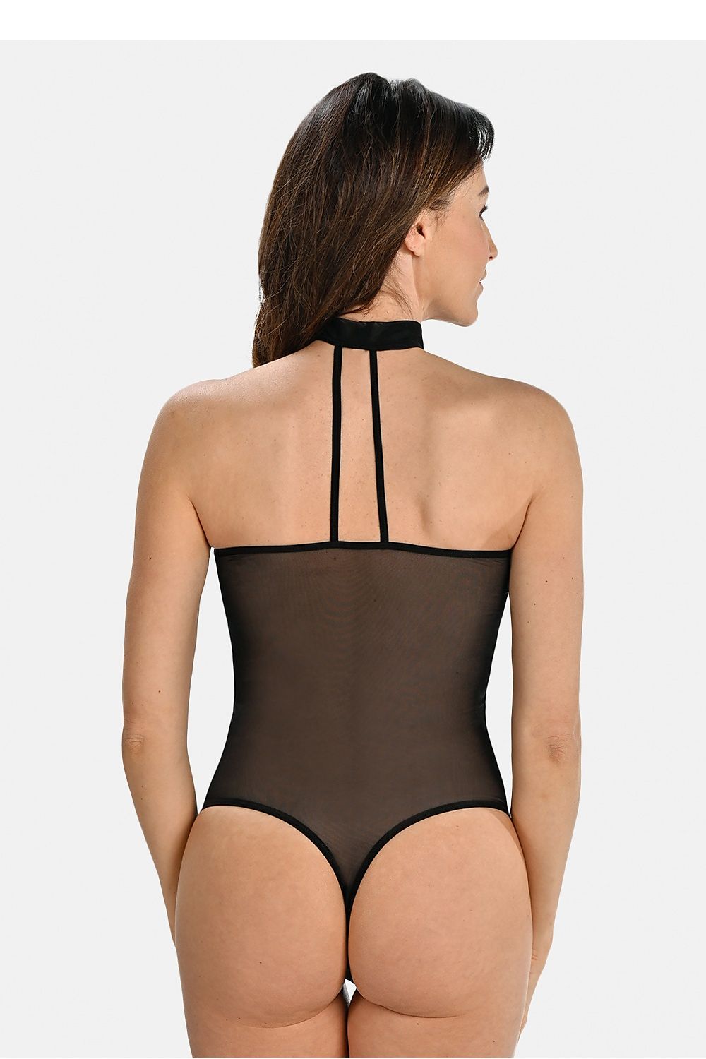 Luxurious Seductive Teyli Transparent Bodysuit featuring adjustable hook-and-loop closure and elegant choker detail, designed to accentuate feminine curves and provide confident allure.
