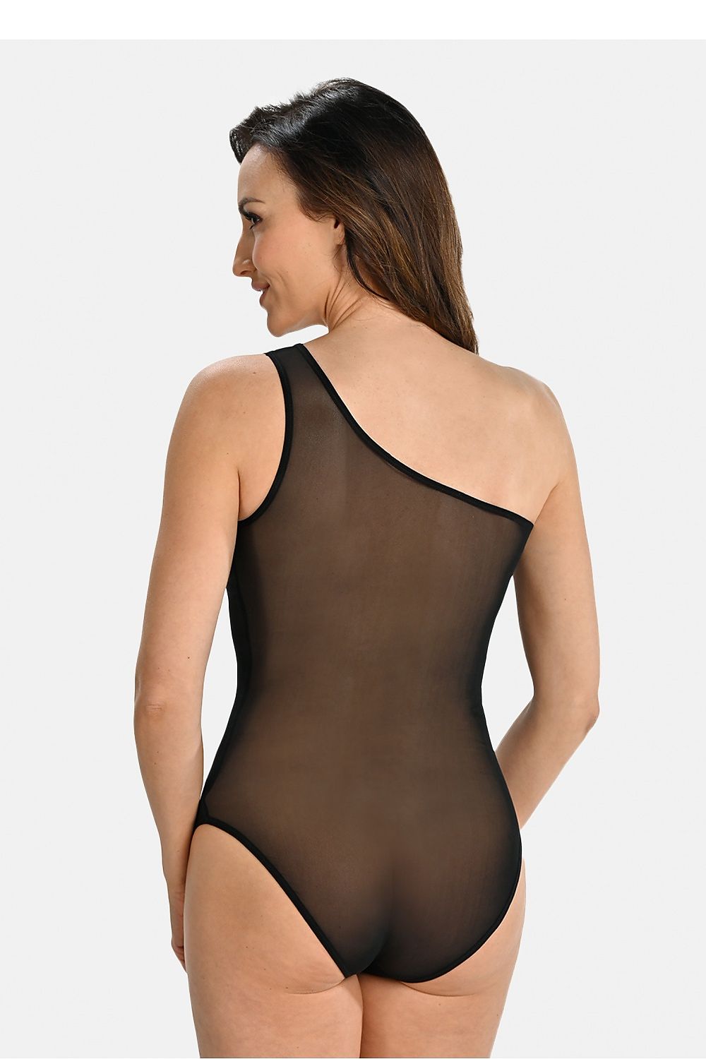 Close-up of Teyli Asymmetrical Neckline Bodysuit's exquisite detailing, highlighting the adjustable hook-and-eye closure, perfect fit, and sophisticated blend of modern and classic fashion aesthetics.