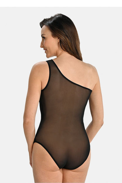 Close-up of Teyli Asymmetrical Neckline Bodysuit's exquisite detailing, highlighting the adjustable hook-and-eye closure, perfect fit, and sophisticated blend of modern and classic fashion aesthetics.