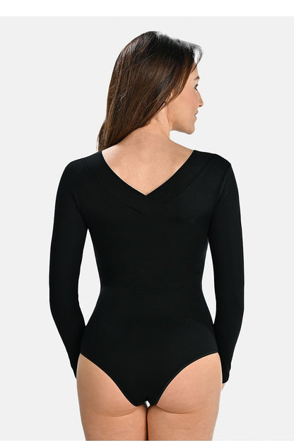 Sophisticated black bodysuit featuring a sensual cut-out back and flattering V-shaped neckline - Premium design by Teyli accentuating comfort and elegance.