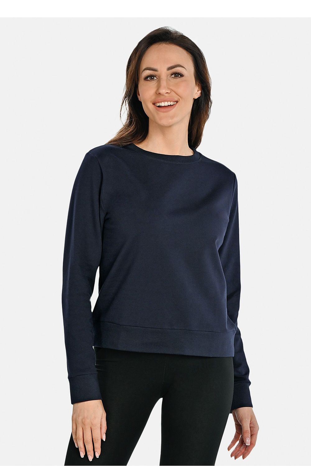 Elegant navy blue cotton sweatshirt for women by Teyli, featuring ribbed details for a perfect fit and stylish look.
