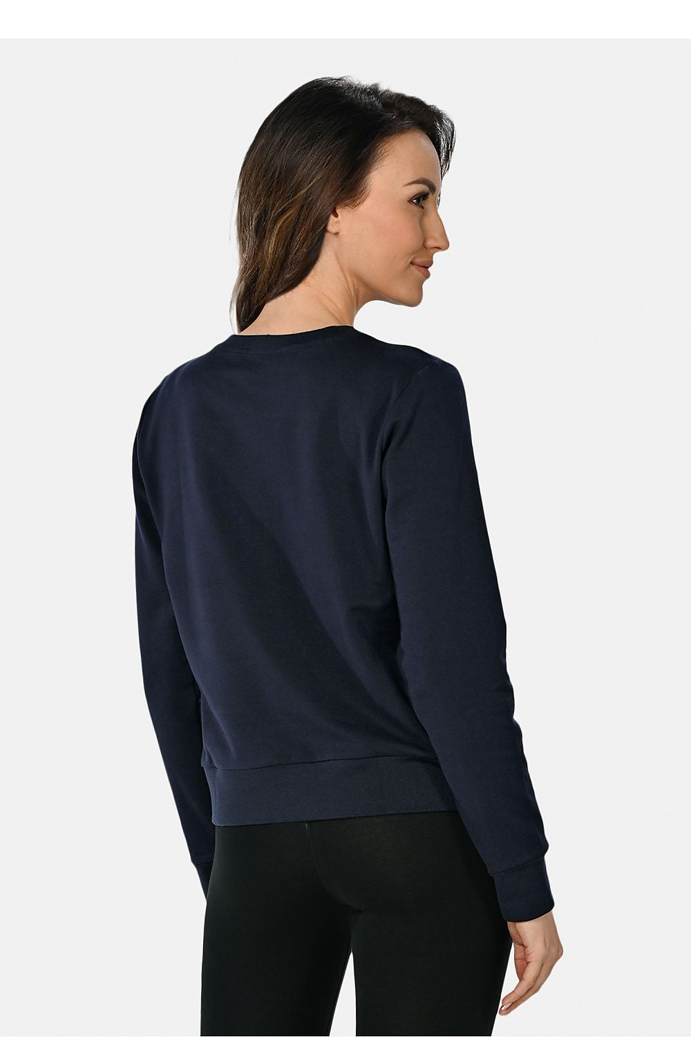 Luxurious women's navy blue sweatshirt from Teyli, crafted from soft cotton with ribbing at the neckline, cuffs, and bottom for added comfort.