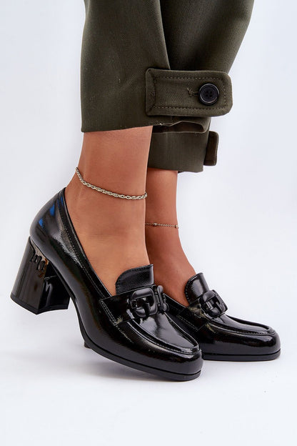 Elegant women's heeled low shoes in eco leather by Step in style, featuring a glossy black finish and a decorative strap, perfect for adding sophistication to any outfit.