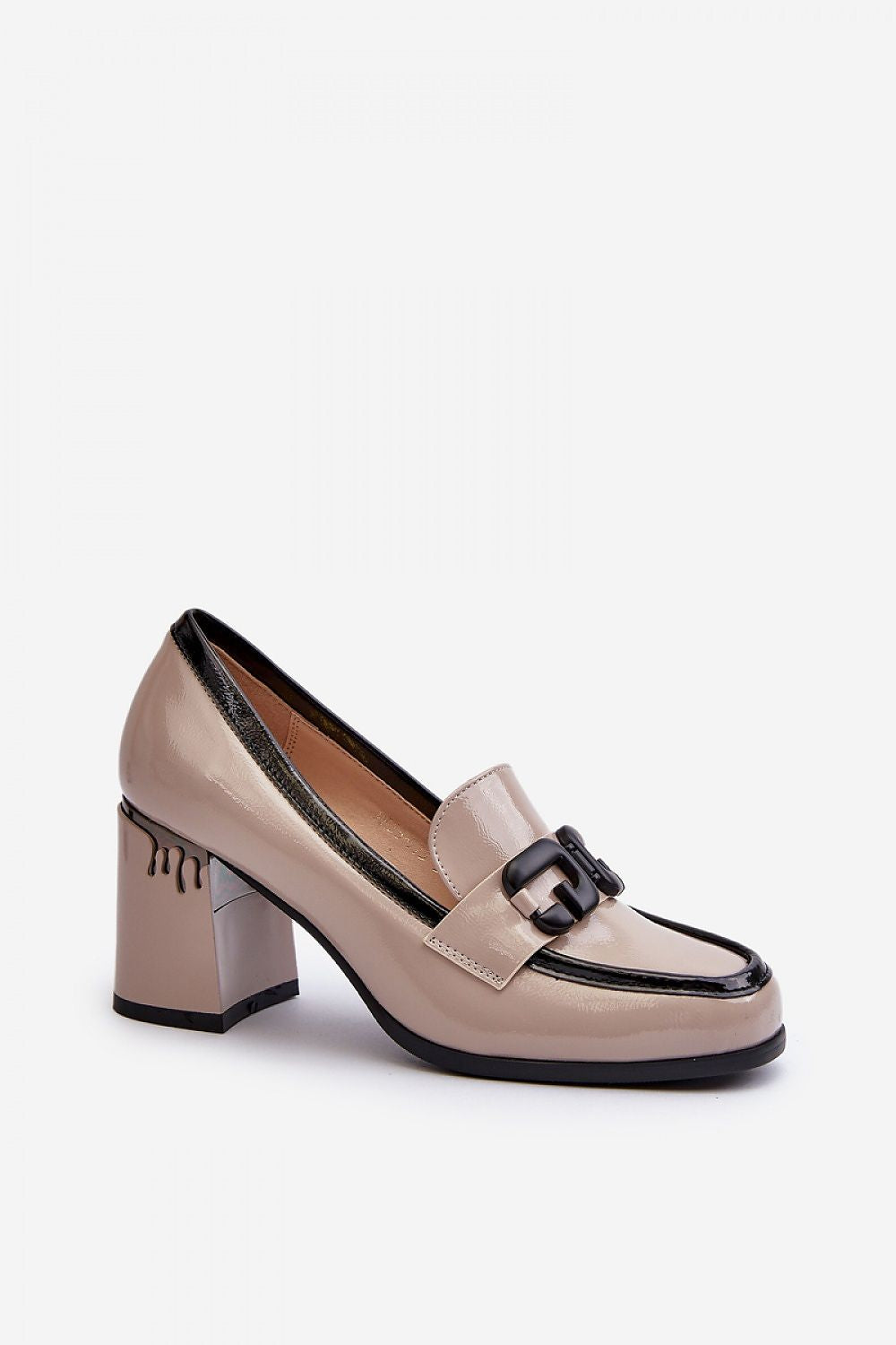 Sophisticated beige women's heeled shoes exhibiting a decorative strap and 7.5cm heel, designed by Step in Style.