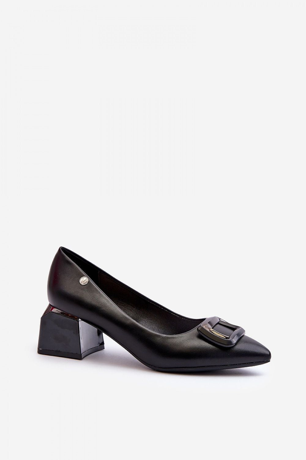 Side view of Vinceza block heel pumps in refined black eco leather, featuring a chic pointed toe and elegant buckle ornament, ideal for formal occasions.