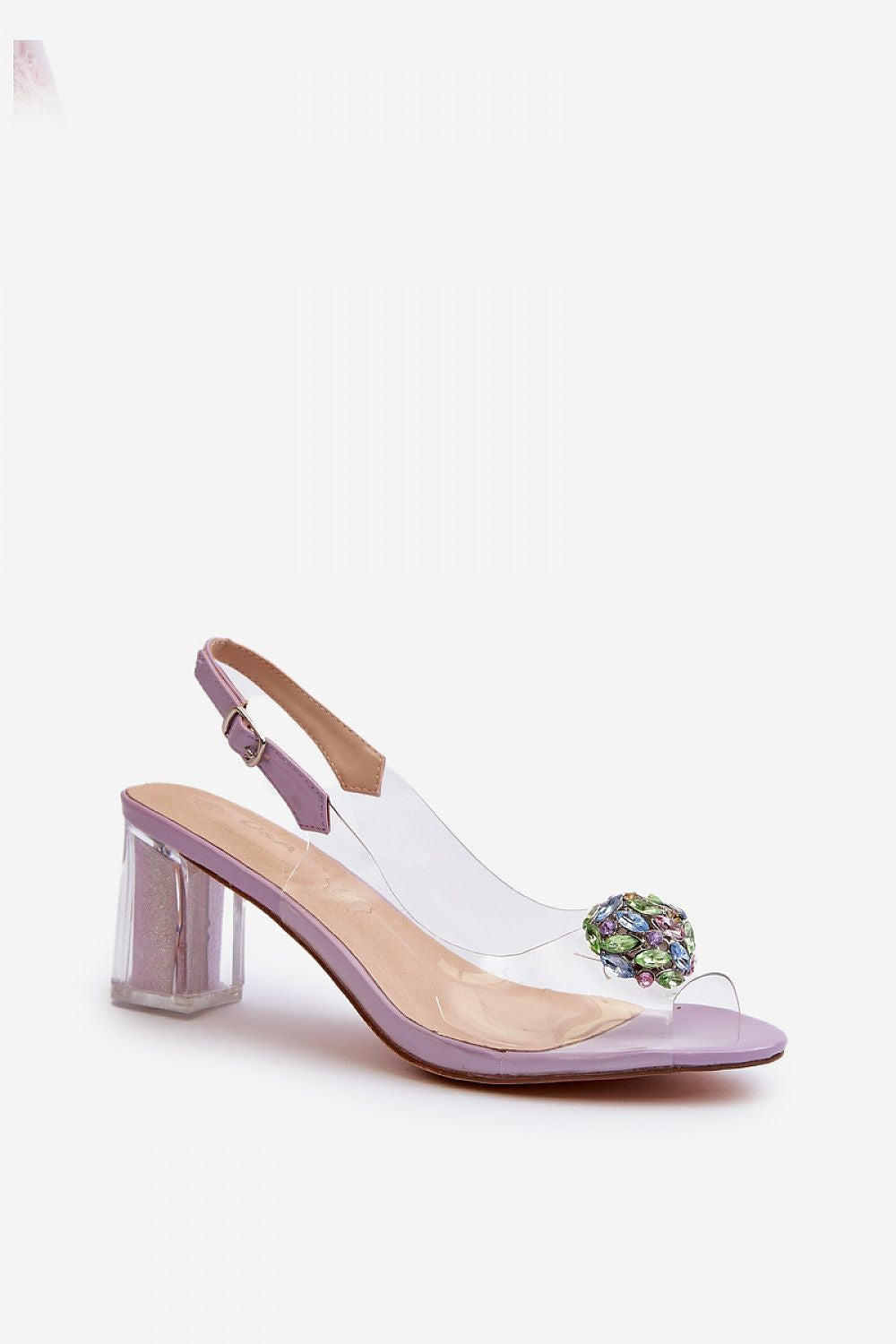 Chic lavender stiletto sandals with a unique transparent design and eye-catching floral embellishment, crafted for comfort by Step in Style.
