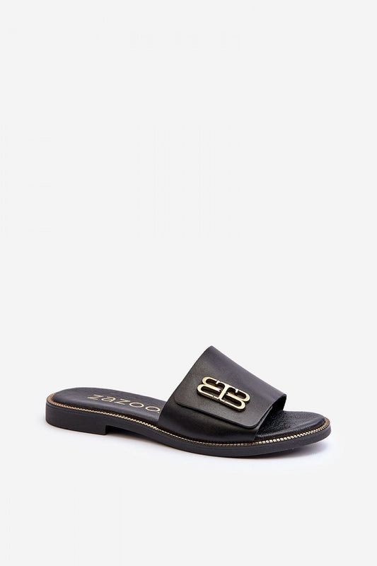 Sophisticated black leather flip-flops with a sleek gold ornament, perfect for summer fashion. Experience luxury with Step in style.