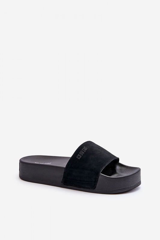 Chic black suede leather flip-flops by Big Star featuring a sleek platform design, ideal for fashionable summer outings and stylish comfort.