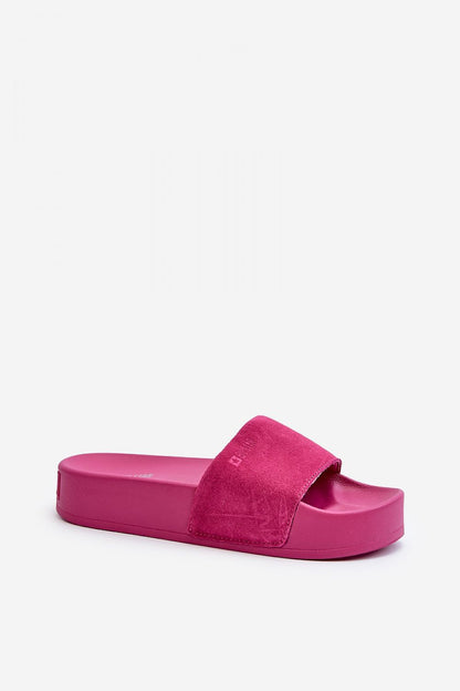 Elegant pink suede leather flip-flops by Big Star captured in a luxury setting, showcasing a stylish platform and sophisticated craftsmanship for modern summer wear.