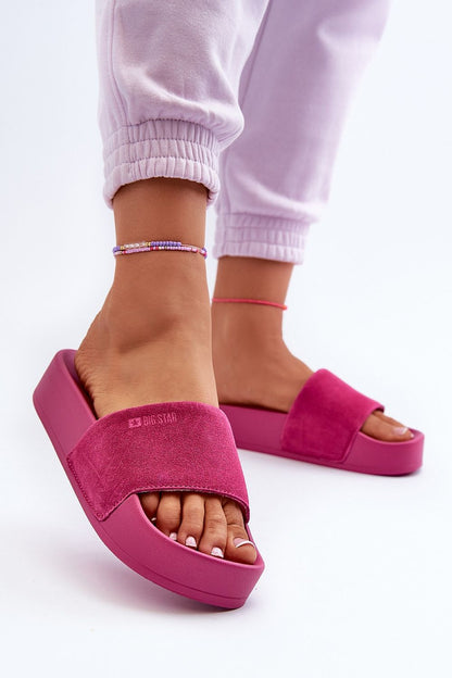 Stylish pink suede leather flip-flops with a 4cm platform, showcased by a model wearing elegant loungewear, perfect for casual summer outings by Step in Style.