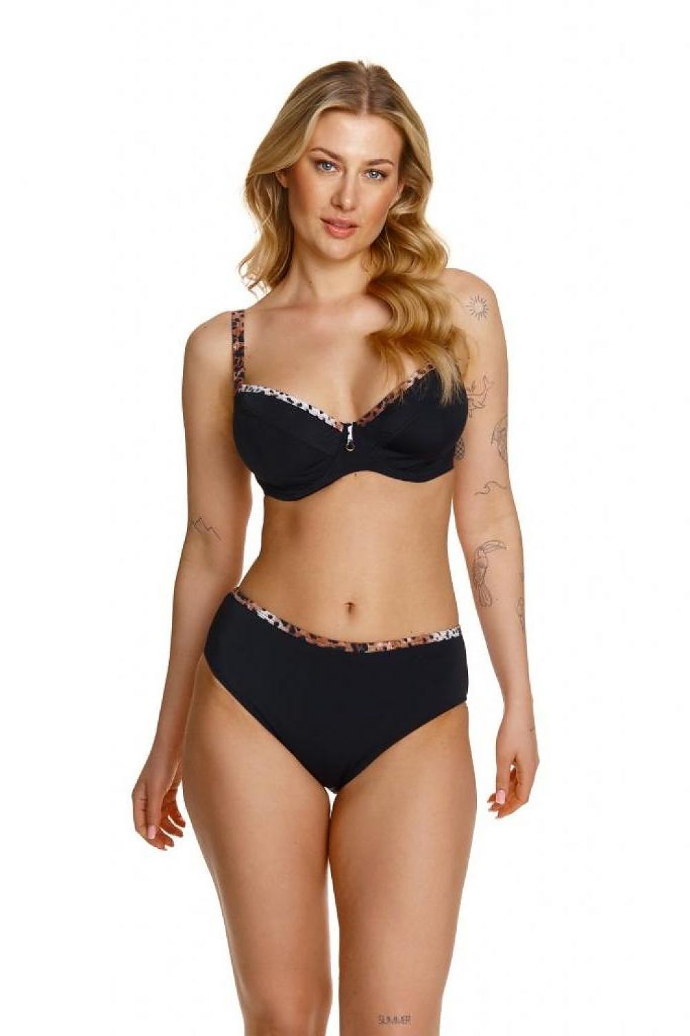 Elegant model showcasing Lupo Line Classic Black Bikini Bottoms with Leopard Print, highlighting the comfortable high-waist cut and stylish design.