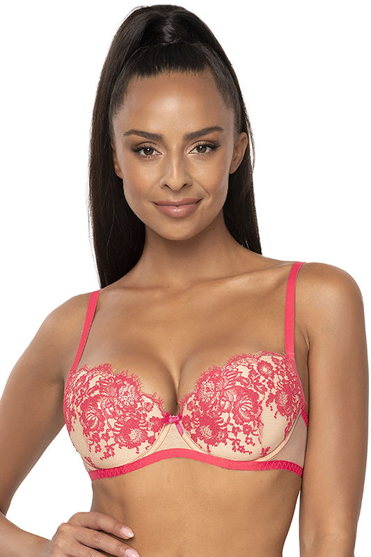 Elegant luxury push-up bra by Mat featuring delicate beige mesh with exquisite lace detailing, designed for ultimate comfort and style.