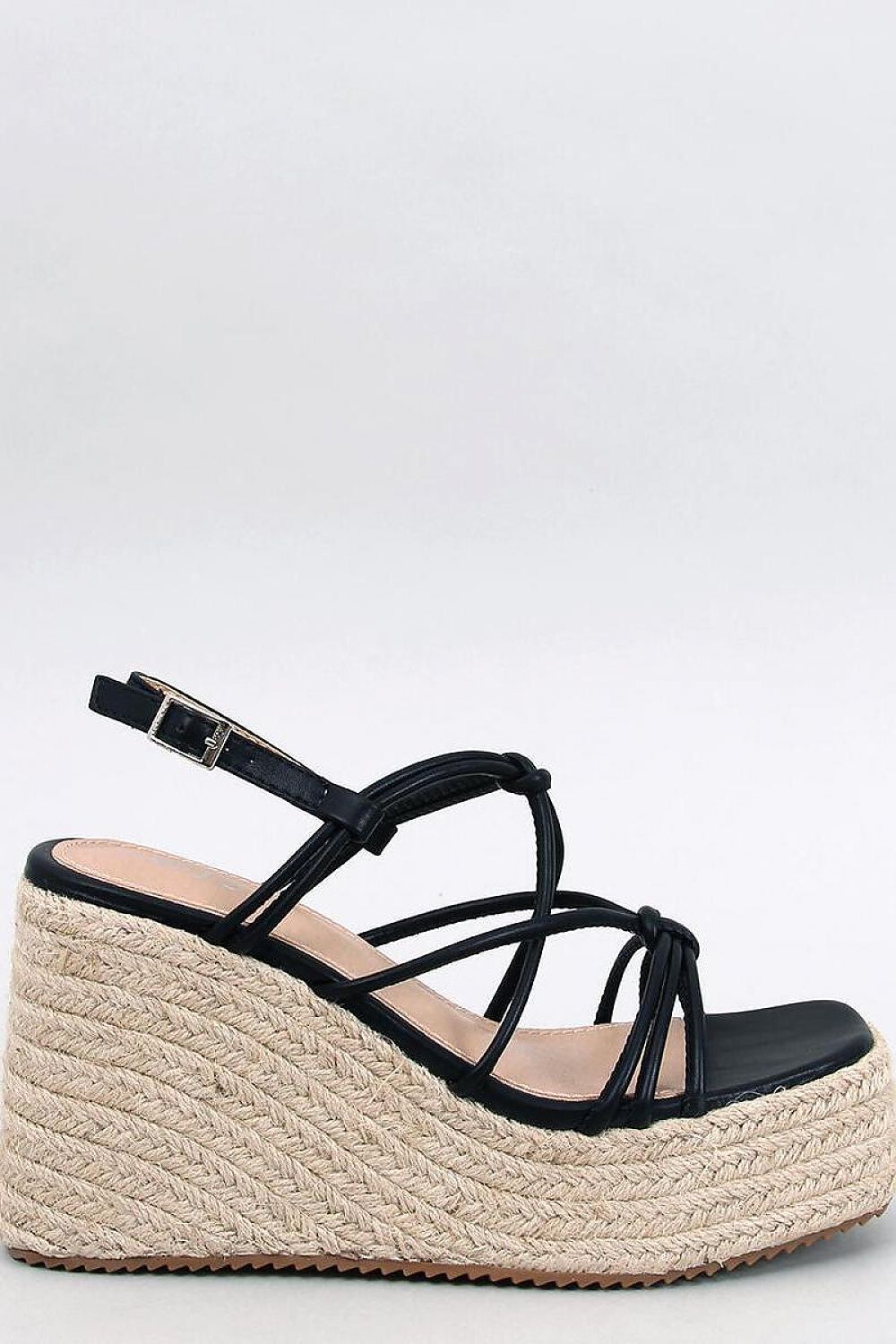 Elegant side view of Inello women's black platform espadrilles sandals with stylish cross straps and 11cm heel on a textured jute sole, perfect for sophisticated summer outings.