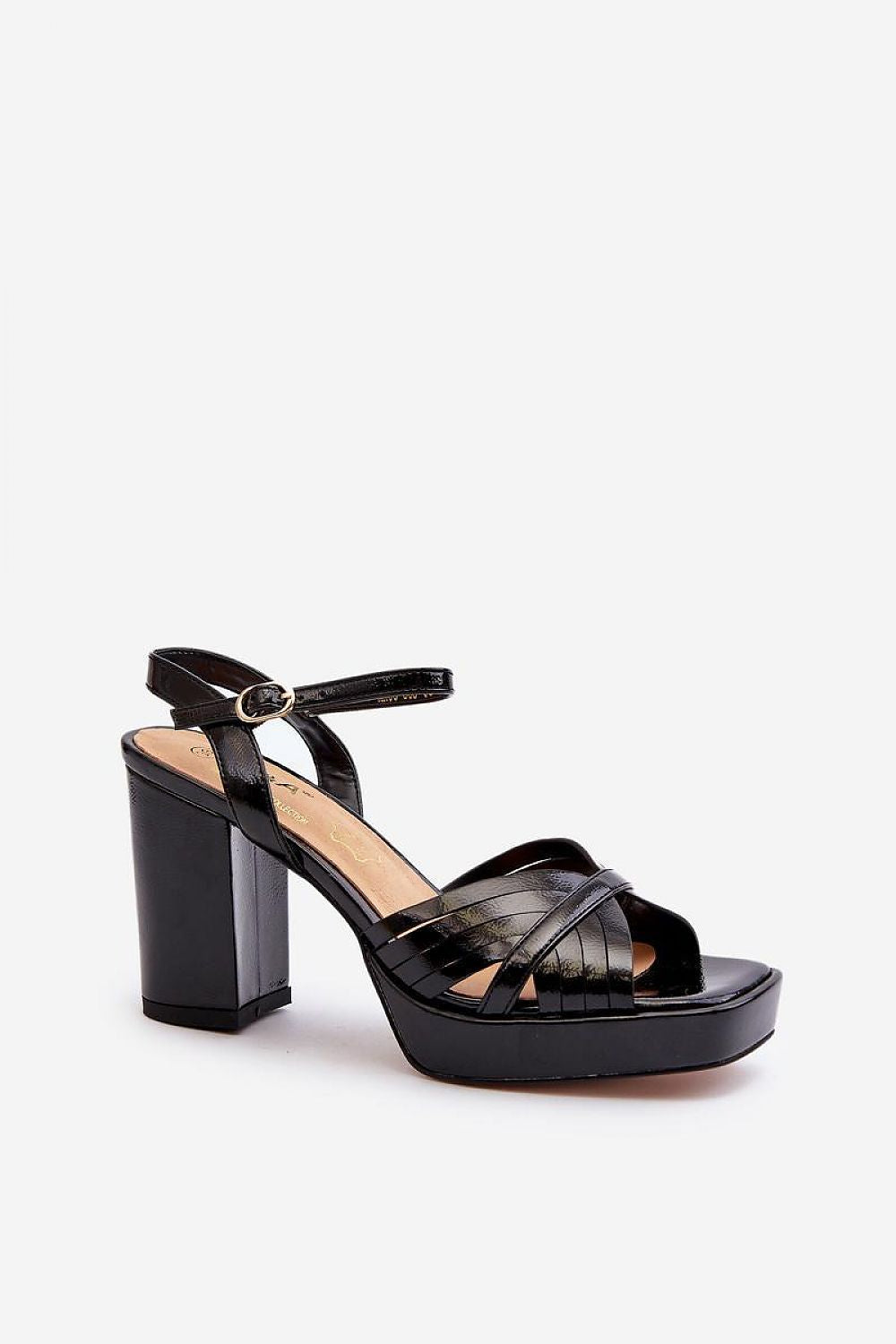 Sophisticated black platform sandals for women by Step in style, showcasing a shiny finish and a stable 9 cm heel for elevated elegance.