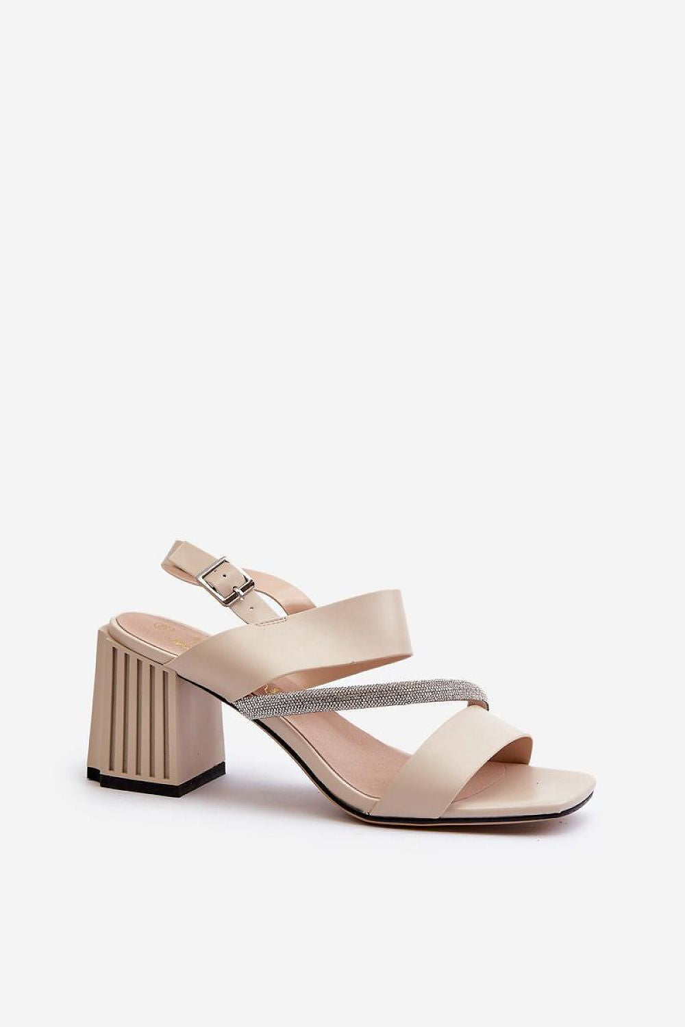 Chic eco leather heel sandals by Step in Style, showcasing a stylish cubic zirconia strap and a sophisticated block heel, ideal for evening outings.