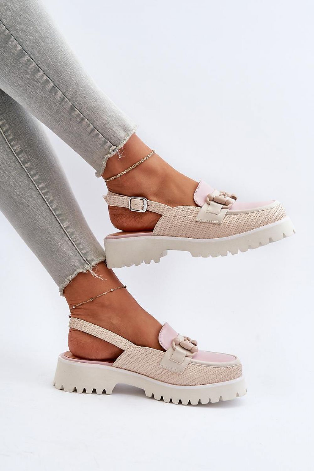 Luxury eco leather heel sandals by Step in Style, featuring a stylish adjustable buckle, showcased in a light pink colour, paired with chic grey jeans, perfect for summer fashion.