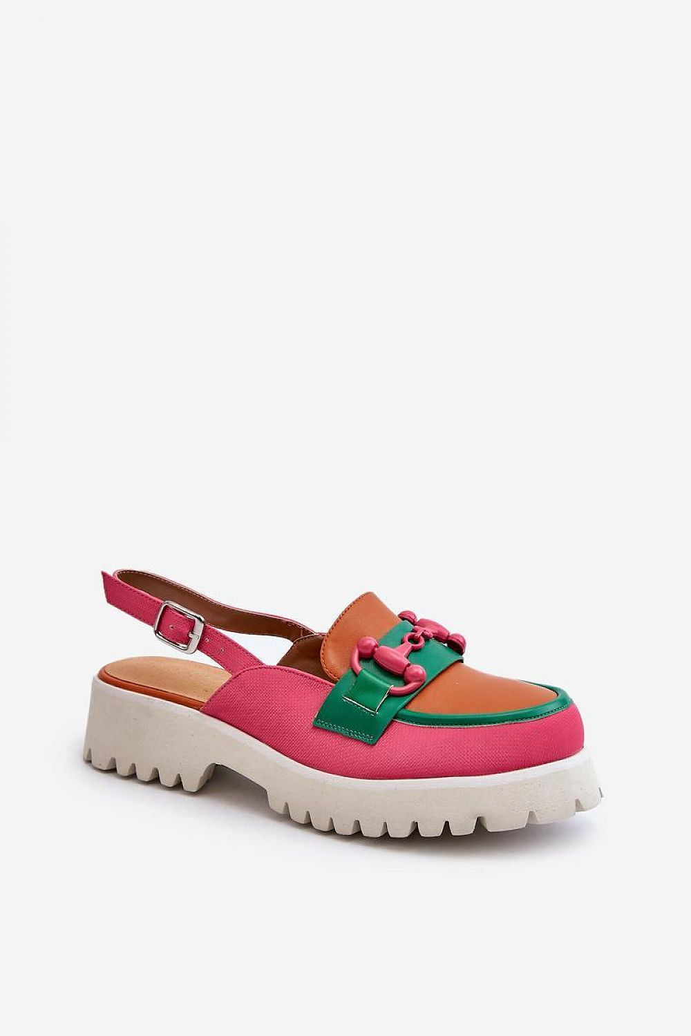 Elegant luxury eco leather heel sandals by Step in Style, showcasing playful colours of pink and green, set against a minimalist background, perfect for summer outings.