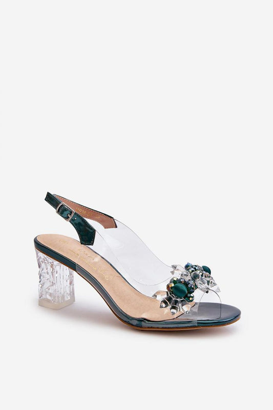 Stylish post heel sandals from Step in style showcasing a clear design with elegant gemstone detailing, 7cm heel height, ideal for sophisticated occasions.