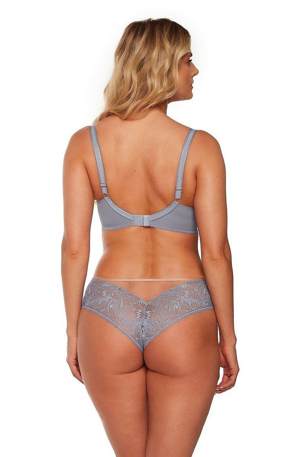 Back view of the stylish Gaia bra in soft grey lace, highlighting its exquisite design and comfortable fit, perfect for modern elegance.