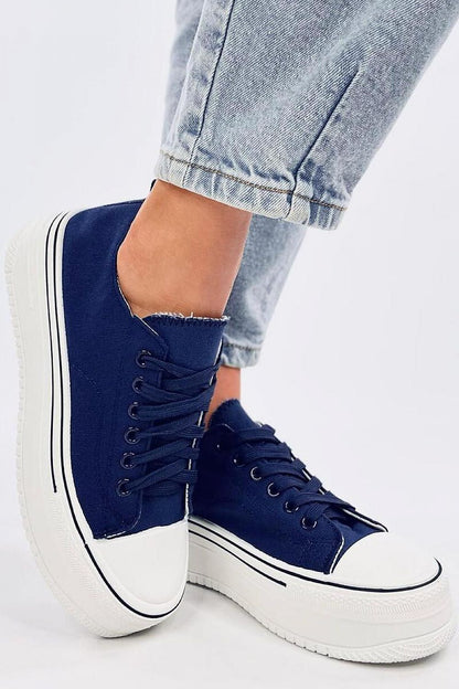 Stylish women's platform sneakers by Inello, featuring a trendy high sole design in navy fabric, perfect for a fashionable elevation. Ideal for elevating casual outfits.