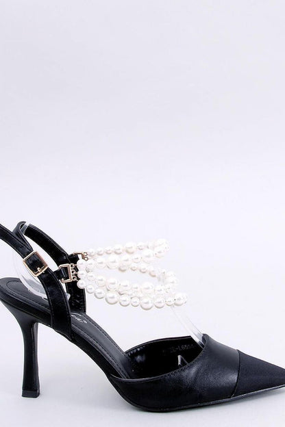 Elegant black stiletto shoe with pearl detailing by Inello, showcasing a stylish open heel design for a luxurious look.