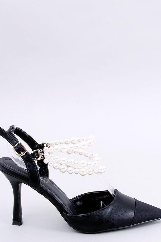 Elegant black stiletto shoe with pearl detailing by Inello, showcasing a stylish open heel design for a luxurious look.