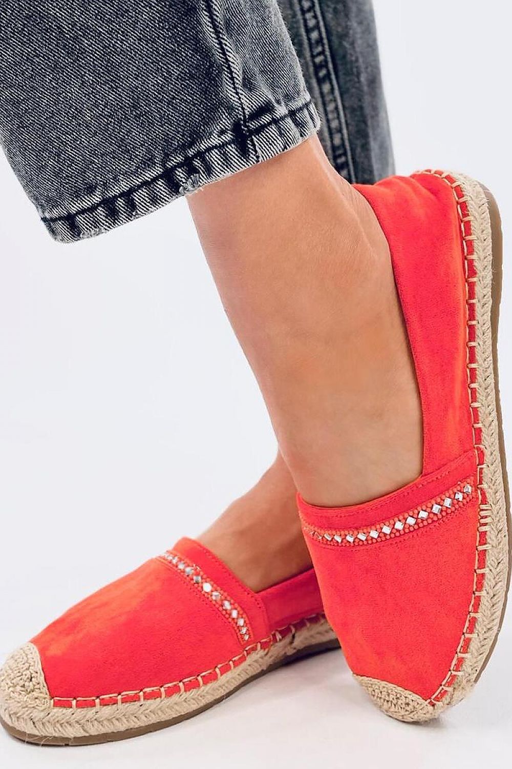 Sophisticated eco-friendly suede espadrilles in bright orange by Inello, featuring stone embellishments for an elegant summer aesthetic.