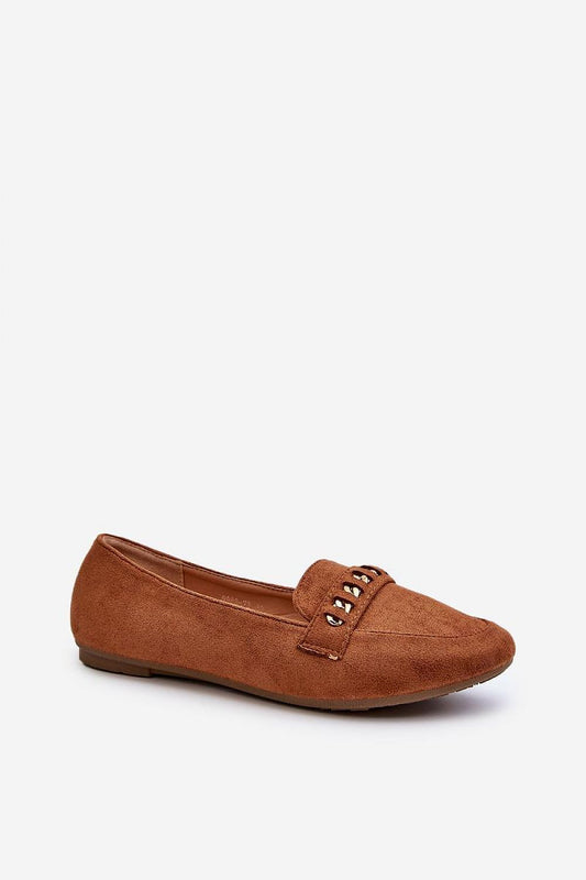 Luxurious women's eco-suede moccasins with shiny thread and chain strap by Step in Style, elegantly designed in rich brown.