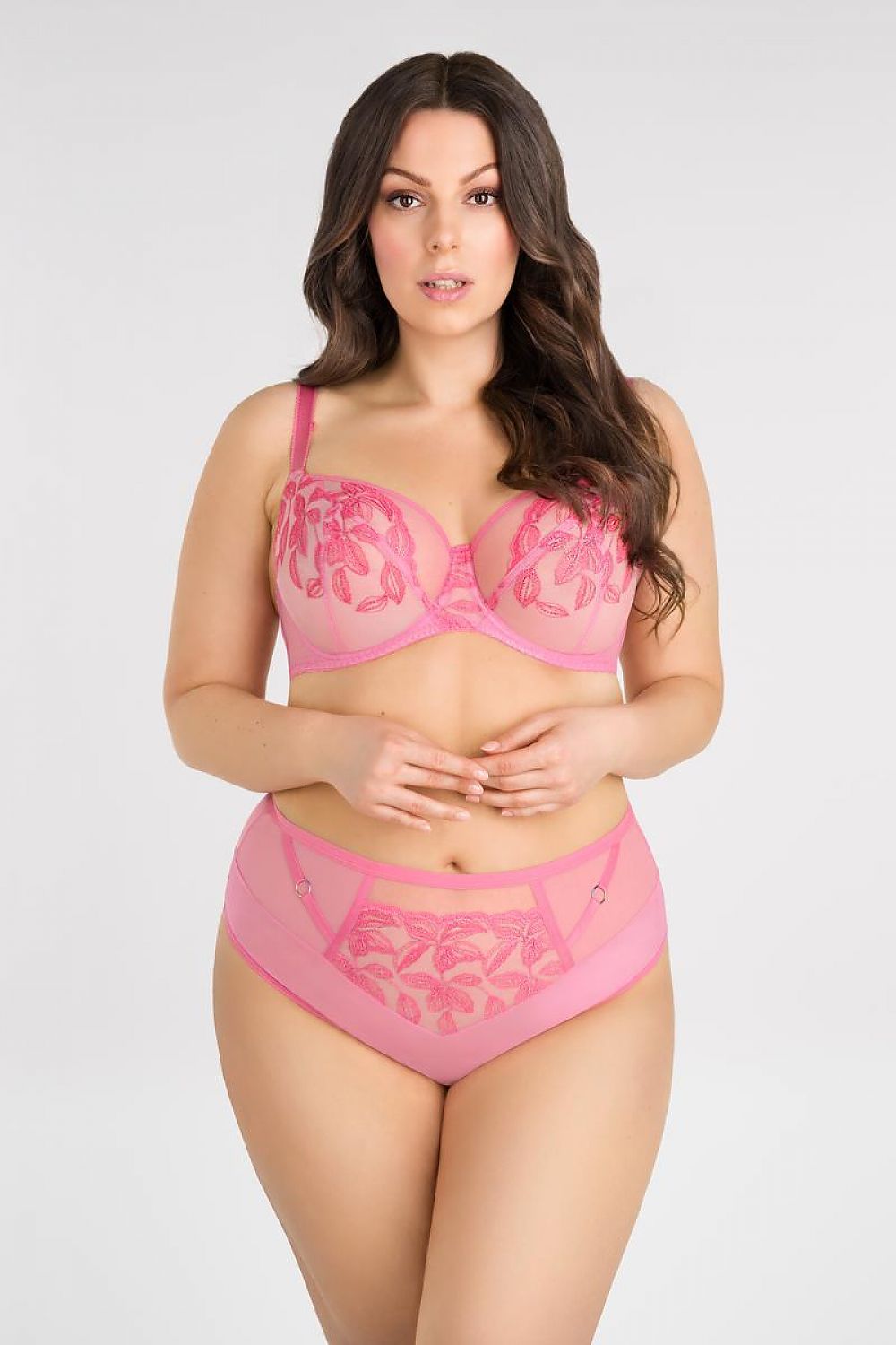 Gorsenia Lingerie soft bra and matching brief set in a luxurious pink shade, beautifully adorned with intricate floral embroidery, embodying elegance and comfort for confident women.