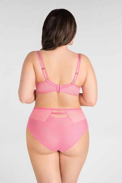 Back view of Gorsenia Lingerie pink soft bra, showcasing adjustable straps and delicate lace detailing, designed for a perfect fit and sophisticated support.