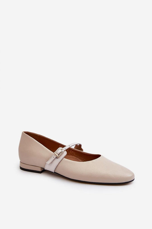 Chic luxury natural leather ballet flats by Step in Style, showcasing an adjustable buckle strap and rounded toe on a clean background.