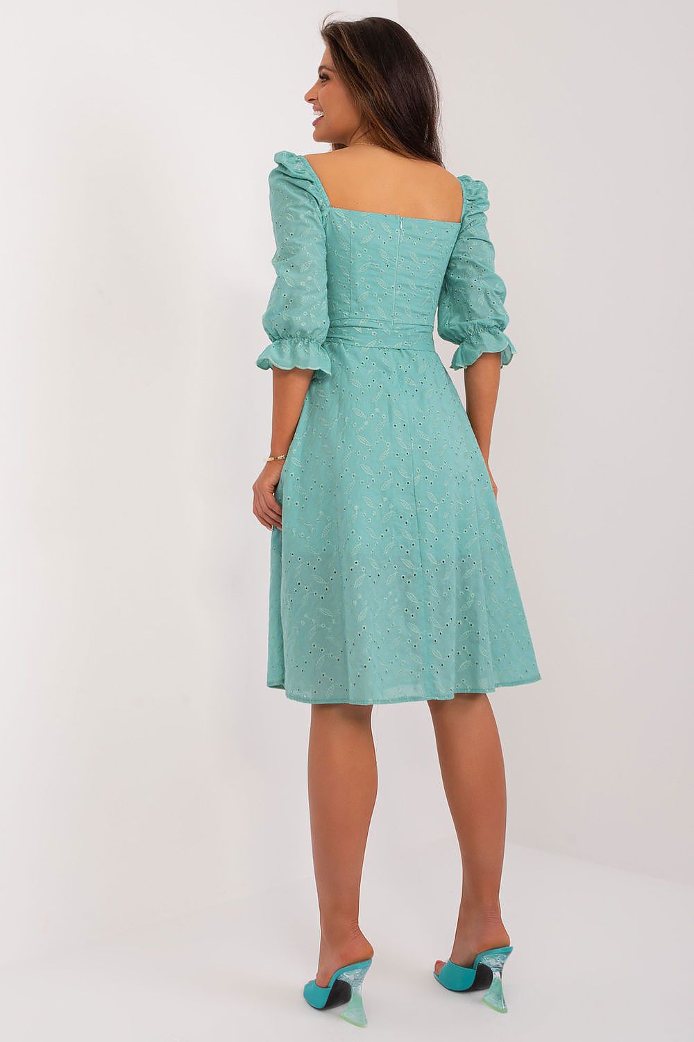 Elegant mint green midi summer dress with puff sleeves and tie belt by Lakerta, featuring delicate embroidery and a flattering silhouette, perfect for warm days.