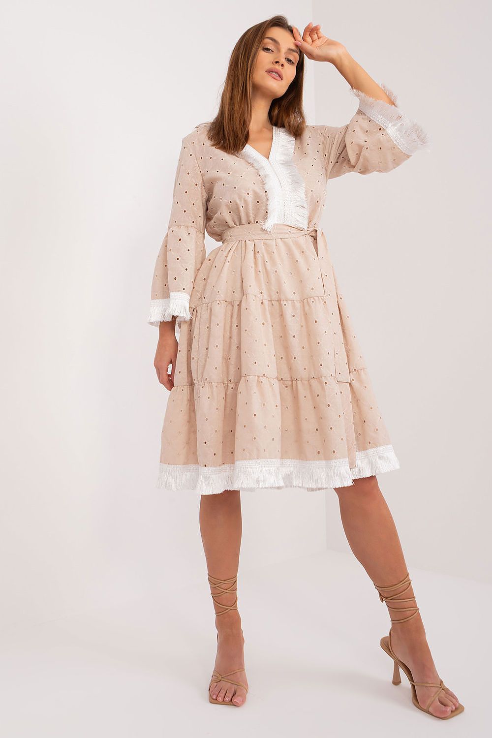 Elegant Lakerta cotton midi daydress in beige with heart neckline and fringed 3/4 sleeves, featuring a flared silhouette for a sophisticated boho style.