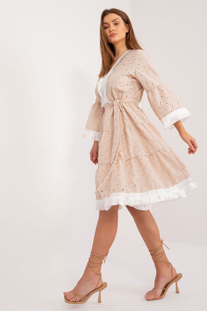 Elegant cotton midi daydress by Lakerta featuring a heart neckline, fringed 3/4 sleeves, and a flared cut, perfect for stylish everyday outings.