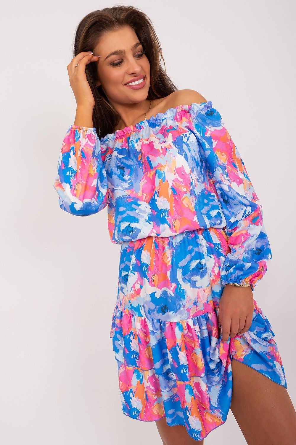 Elegant Rue Paris summer mini dress featuring vibrant blue and pink floral prints, off-shoulder design, and ruffled hem, perfect for stylish summer outings.