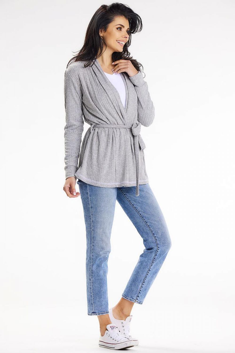 Stylish grey shawl collar cardigan with a belt, featuring a loose-fit design and paired with blue jeans, a luxurious choice for evening outings by awama.