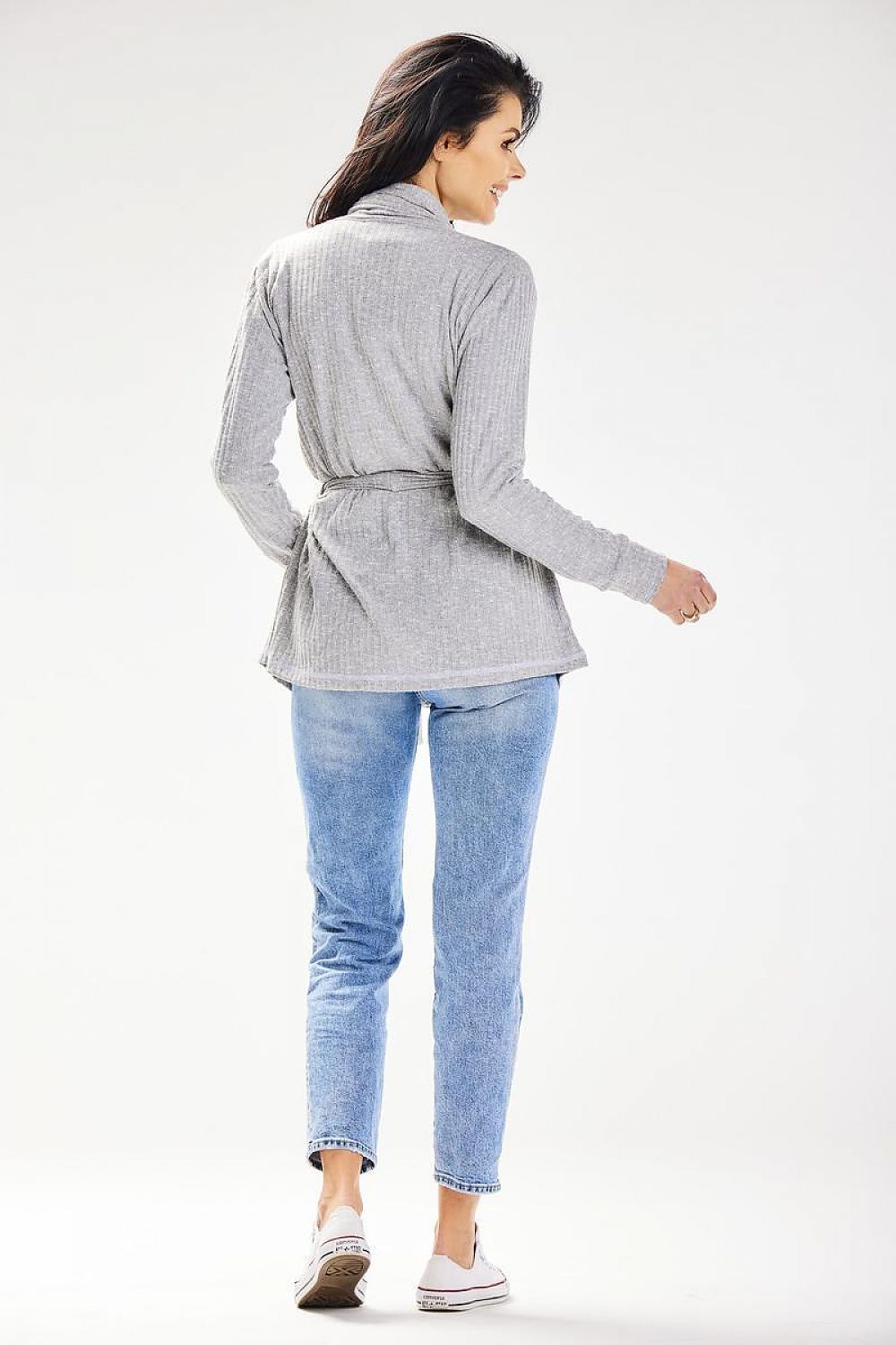 Luxury loose-fit cardigan with belt and shawl collar in grey, styled with casual blue jeans, perfect for spring and summer evenings by awama.