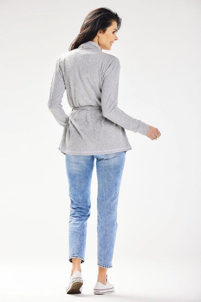 Luxury loose-fit cardigan with belt and shawl collar in grey, styled with casual blue jeans, perfect for spring and summer evenings by awama.