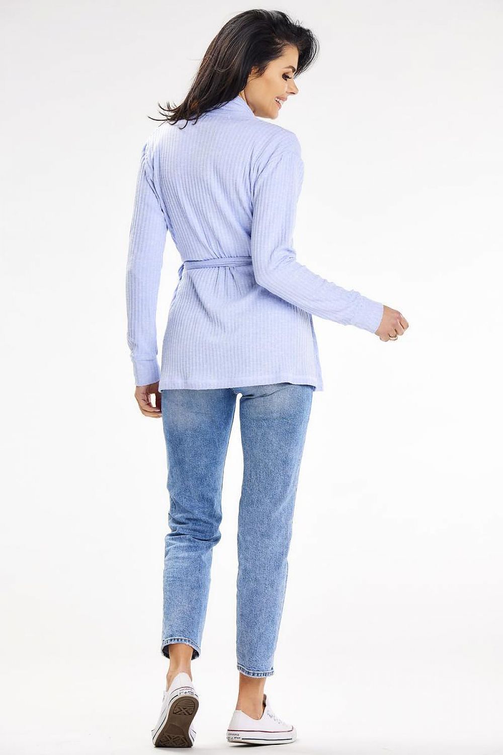 Stylish light blue cardigan with belt and shawl collar from awama, displaying a modern silhouette and paired with denim for a relaxed yet chic look.